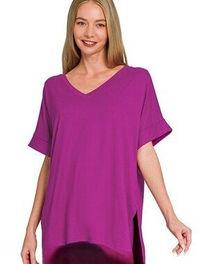 ZENANA BRUSHED MICROFIBER SHORT SLEEVE V-NECK TOP SIZE S-XL LT PLUM